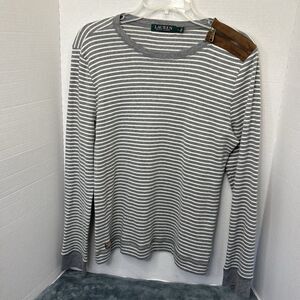 Lauren Ralph Lauren Top L Gray Striped Faux Suede Elbow Patch Zip Shoulder